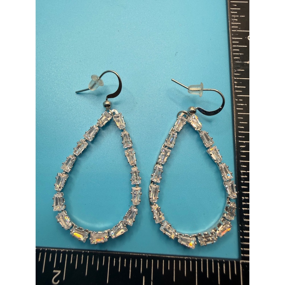 Silver Tone Baguette Crystal Teardrop Hoop Earrings Clear Stone Bridal Formal